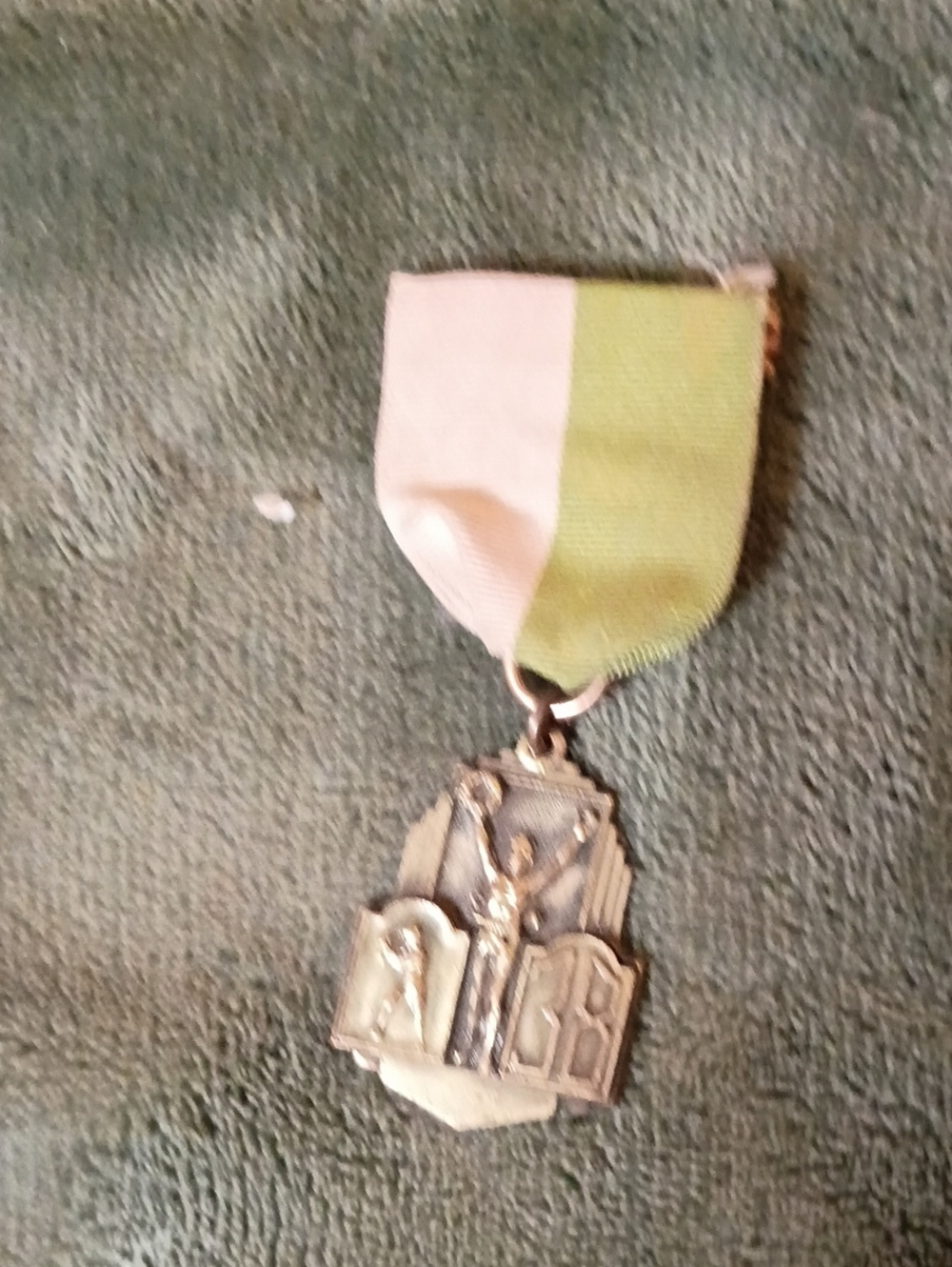 Religious Silver-Tone Vintage 1938 Medal with Green and Cream Ribbon